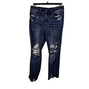 Judy Blue High Rise Distressed Slim Boot Cut Jeans Dark Wash Raw Hem Denim 14W
